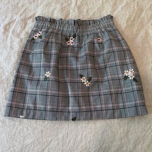Dance & Marvel Gray Plaid Mini Skirt with Floral Embroidery